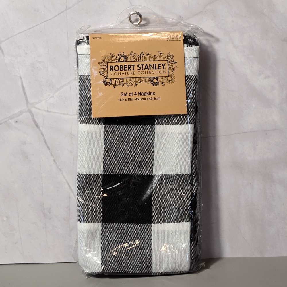 NEW ROBERT STANLEY BUFFALO CHECK BLACK & WHITE PLAID FABRIC DINNER NAPKINS 4 CT